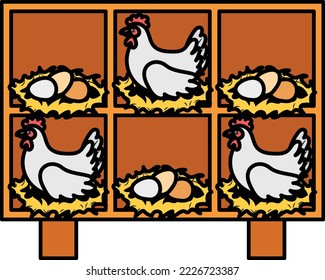 Cuadros de anidación de gallinas Cajas de cacao Concepto, Diseño del icono del vector de la capa de material padre, Símbolo de cría de aves de corral, Signo de producción de carne o huevos, Proteína y material de corral