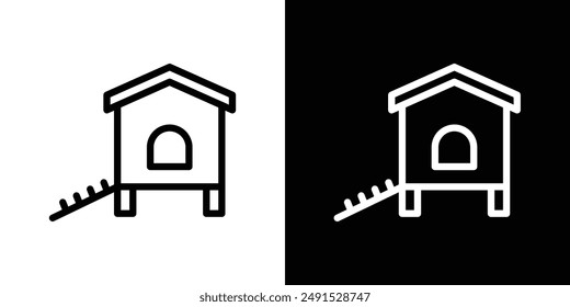 Chicken coop outlined icon set in black and white colors