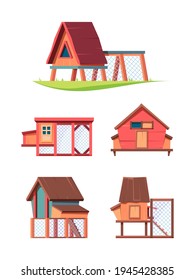 Chicken coop. Wooden houses in village poultry farm living places for hen and broilers garish vector chicken buildings garish vector cartoon illustrations