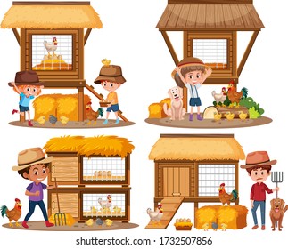 Chicken coops and children on the farm illustration