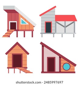 Chicken coops vector cartoon set isolated on a white background.