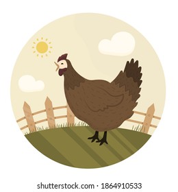 Chicken and the countryside. Poultry farm emblem. Vector illustration in cartoon style