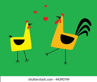 chicken couple in love in green background
