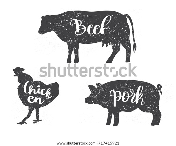 Chicken,
Cow and Pig silhouettes with lettering text Beef, Chicken, Pork.
Can be used for menu, butcher shop,
restaurant