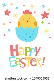 Chicken in a cracked egg. Happy Easter vector card. Cute funny hand drawn flat cartoon background. Isolated on white. Kids illustration.