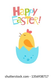 Chicken in a cracked egg. Happy Easter vector card. Cute funny hand drawn flat cartoon background. Isolated on white. Kids illustration.