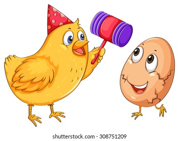 Chicken cracking egg with hammer illustration