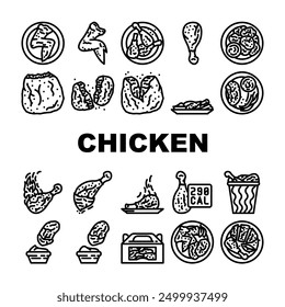 chicken crispy food meal icons set vector. fried drumstick, fast delicious, lunch southern, leg bbq, hot plate, menu table meat chicken crispy food meal black contour illustrations