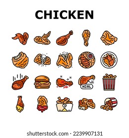 chicken crispy food meat meal icons set vector. fast delicious, wing fried, snack crunchy, leg cooked, eat tasty, dinner golden chicken crispy food meat meal color line illustrations