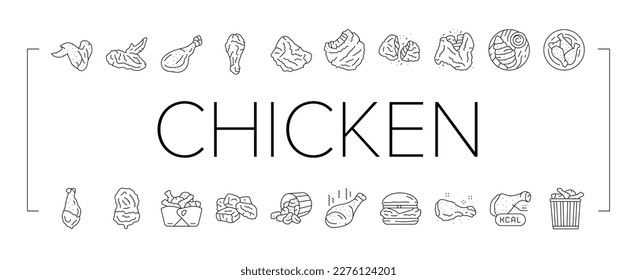 chicken crispy food meat meal icons set vector. fast delicious, wing fried, snack crunchy, leg cooked, eat tasty, dinner golden chicken crispy food meat meal black contour illustrations