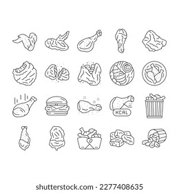 chicken crispy food meat meal icons set vector. fast delicious, wing fried, snack crunchy, leg cooked, eat tasty, dinner golden chicken crispy food meat meal black contour illustrations