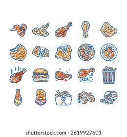 chicken crispy food meat meal doodle icons set vector. fast delicious, wing fried, snack crunchy, leg cooked, eat tasty, dinner golden chicken crispy food meat meal sketch hand drawn