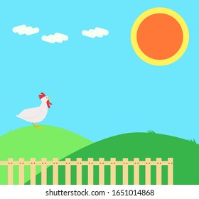 A chicken crowing towards the sun on a hill. Background illustration material.