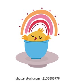 Hühnchen in einer Tasse. Vogel und Regenbogen. Vektorgrafik im Cartoon-Stil