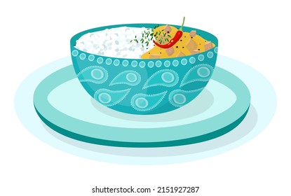 Chicken curry. Delicious spicy indian dish garnished with curry leaves, coriander leaf and red chilli. Rice with thick stewed chicken souce. Flat vector illustration