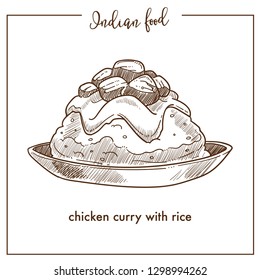 Chicken curry with rice on plate from traditional Indian food. Dish composed of neat poultry cubes, thick gravy and big portion of nutritious garnish isolated cartoon monochrome vector illustration.