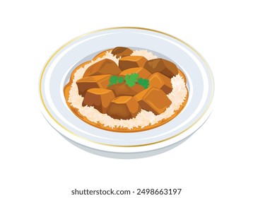 Chicken curry and rice on a plate vector illustration. Chicken curry with rice and coriander on a plate icon vector isolated on a white background. Chicken Tikka Masala drawing