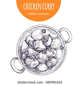 Chicken curry top view vector illustration. Indian cuisine. Linear graphic.