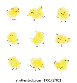 Chicken cuties - sweet chicken babies in hand-drawn pencil style. Vector illustration with texture.