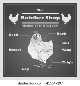 Chicken cuts diagram Butcher shop background, vector, illustration