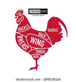 Chicken cuts. Diagrams for butcher shop. Scheme of cock. Farm animal - Poultry. Vintage style poster. Vector illustration.