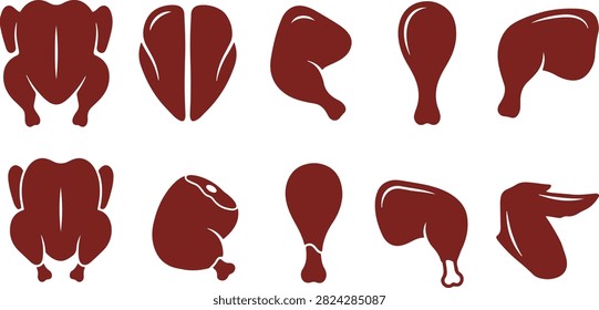 Chicken cuts poultry meat vector set, leg, wing, breast, food, butcher
