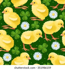 Chicken, daisy and clover vector seamless background