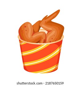 Chicken deep fried crunchy wings in paper bucket vector illustration. Cartoon isolated hot crispy food snack, delicious meat of poultry cooked for takeaway menu of fastfood cafe or restaurant