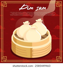 Chicken Dim sum in a bamboo steamer with a red cloud Chinese background vector illustration