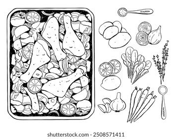 Ingredientes de la comida de la cena del pollo para cocinar la receta. Conjunto de ilustración de boceto de Vector