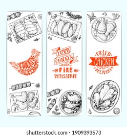 Chicken Dinner. Grilled And Fried Chicken. Banner Set. Hand Drawn Sketch Illustration. Grilled Chicken Meat Top View. Vector Illustration. Engraved Design. Restaurant Menu Design Template.