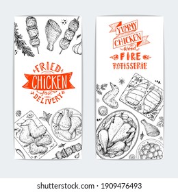 Chicken Dinner. Grilled And Fried Chicken. Banner Set. Hand Drawn Sketch Illustration. Grilled Chicken Meat Top View. Vector Illustration. Engraved Design. Restaurant Menu Design Template.