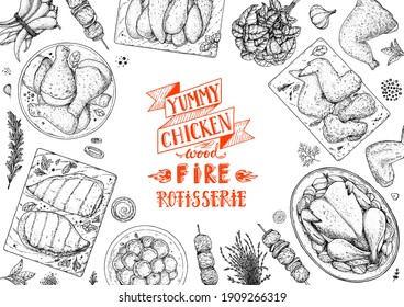 Chicken Dinner. Grilled And Fried Chicken. Hand Drawn Sketch Illustration. Grilled Chicken Meat Top View Frame. Vector Illustration. Engraved Design. Restaurant Menu Design Template.