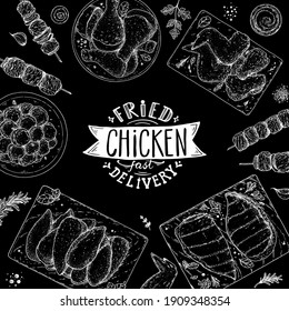 Chicken dinner. Grilled and Fried chicken. Hand drawn sketch illustration.