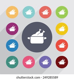 chicken dish circle, flat icons set. Round colorful buttons 