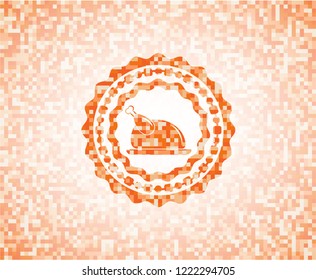 chicken dish icon inside abstract orange mosaic emblem with background
