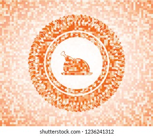 chicken dish icon inside abstract emblem, orange mosaic background