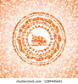 chicken dish icon inside abstract emblem, orange mosaic background