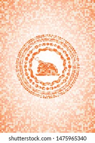 chicken dish icon inside abstract emblem, orange mosaic background