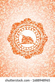 chicken dish icon inside abstract orange mosaic emblem with background