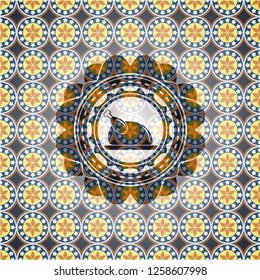 chicken dish icon inside arabesque badge background. arabic decoration.