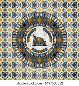 chicken dish icon inside arabesque emblem background. arabic decoration.