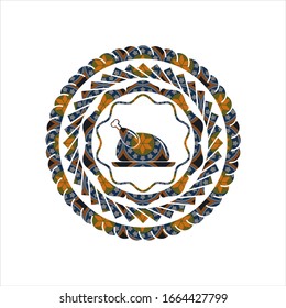 chicken dish icon inside arabesque badge background. arabic decoration.