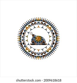 ícono de plato de pollo dentro del emblema arabesco. decoración árabe. 
