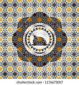 chicken dish icon inside arabic style badge. Arabesque decoration.
