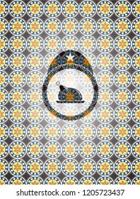 chicken dish icon inside arabic style badge. Arabesque decoration.