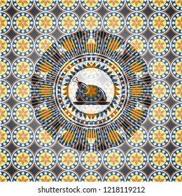 chicken dish icon inside arabic emblem. Arabesque decoration.