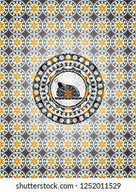 chicken dish icon inside arabic badge. Arabesque decoration.
