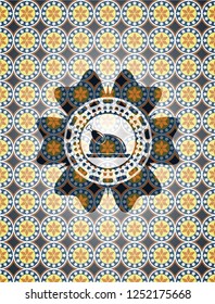 chicken dish icon inside arabic emblem background. Arabesque decoration.