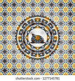 chicken dish icon inside arabic style emblem. Arabesque decoration.